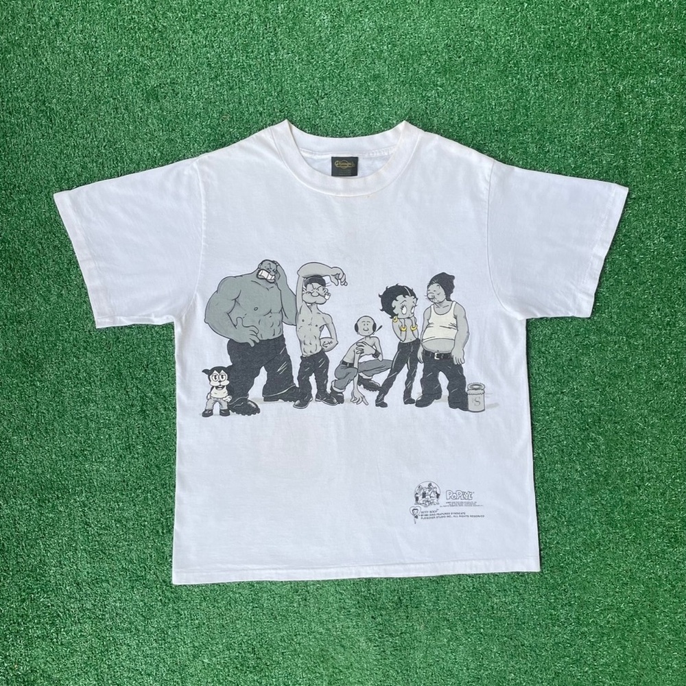 Vintage White Graphic T-Shirt with Popeye and Betty Boop Cartoon Crew